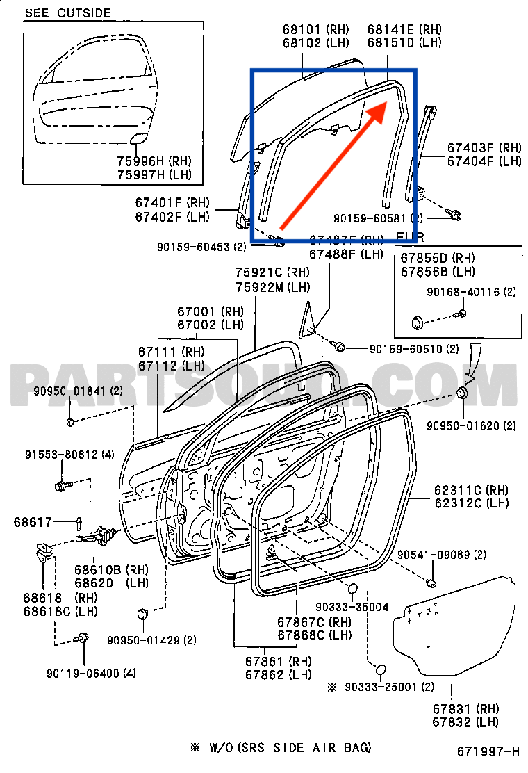 Front Door Window Run Channel. Toyota RAV4 3-door 2003-2006
